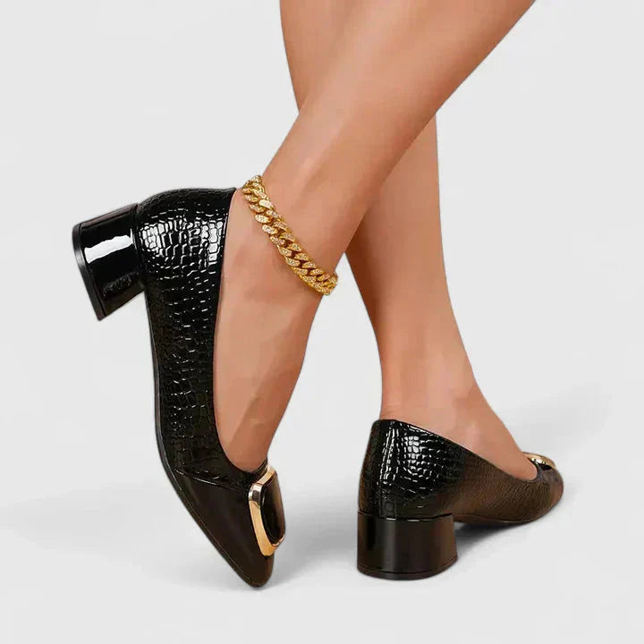 Women croc embossed block heel loafers square toe gold buckle detail