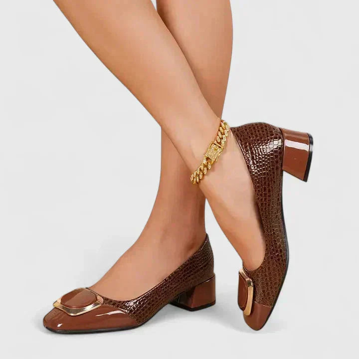 Women croc embossed block heel loafers square toe gold buckle detail