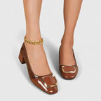 Women croc embossed block heel loafers square toe gold buckle detail