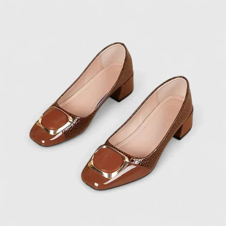 Women croc embossed block heel loafers square toe gold buckle detail