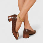 Women croc embossed block heel loafers square toe gold buckle detail