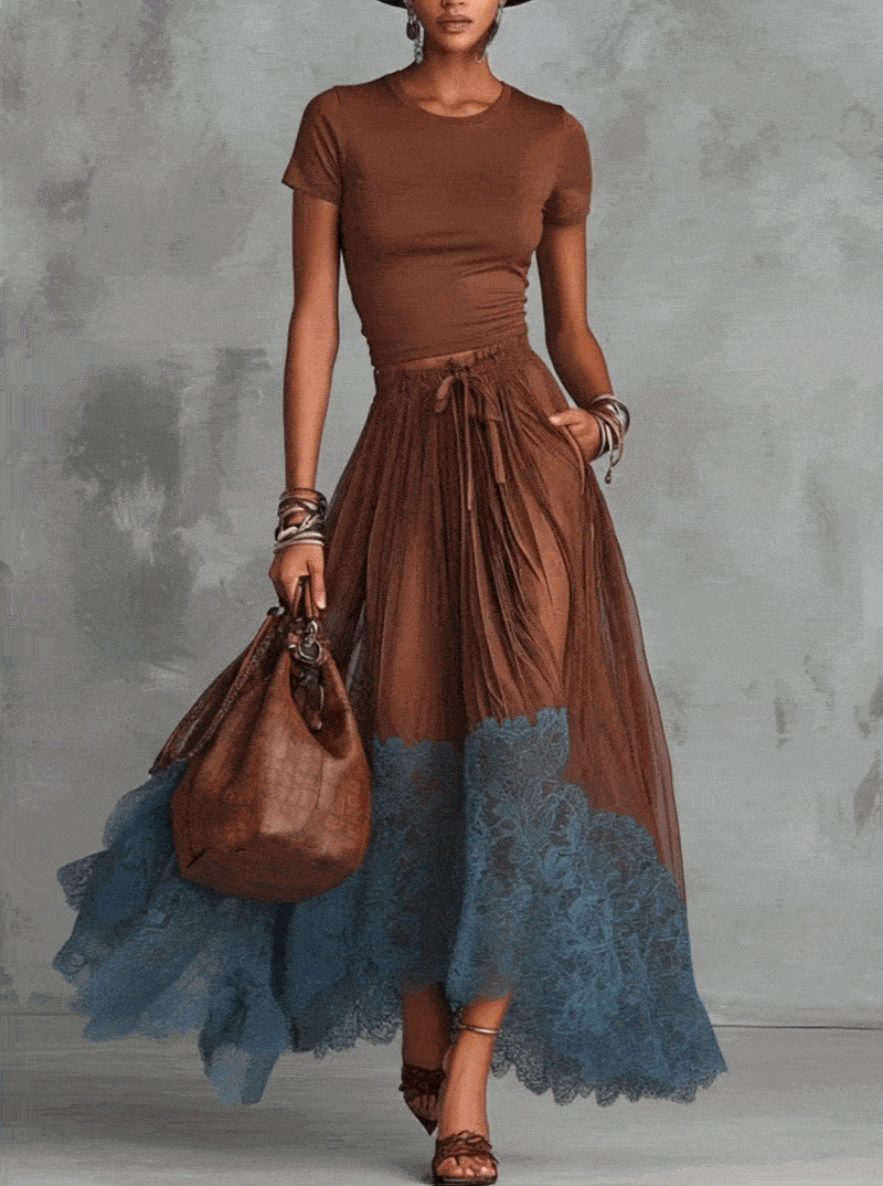 Lace Maxi Skirt Set Women Cotton Top Tulle Two Piece | Dione