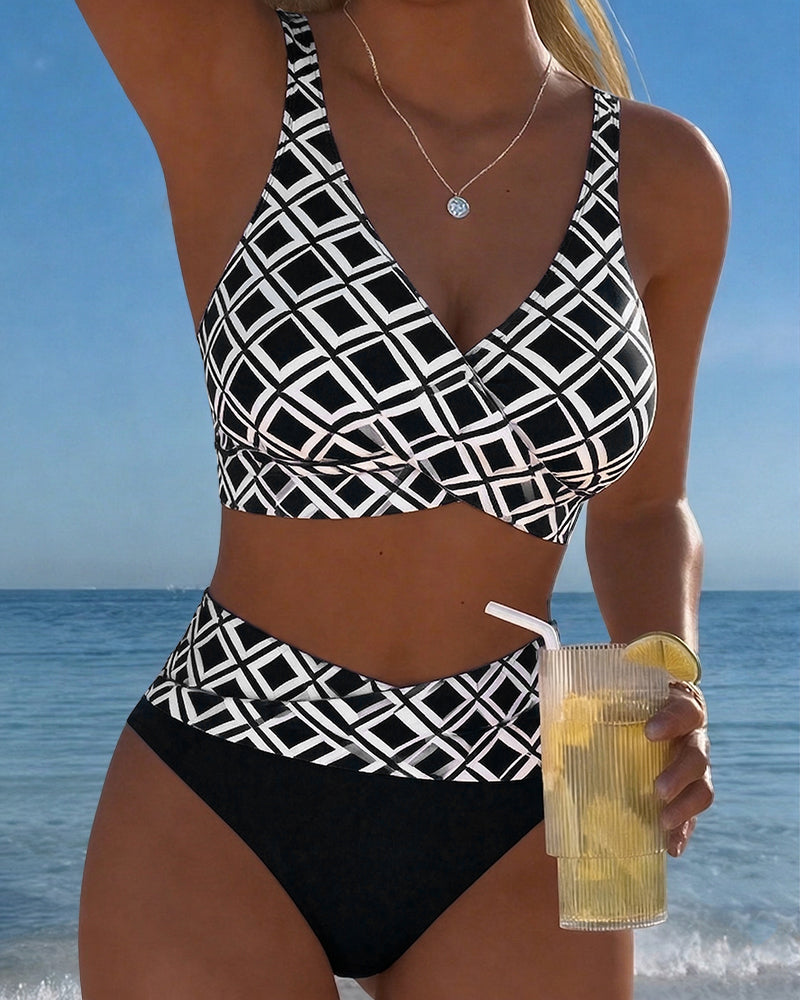 High Waist Bikini Set Women Checkered Two Piece Wireless Bra