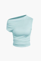 Women's two-piece set with one-shoulder top and draped mini skirt, asymmetric knot detail