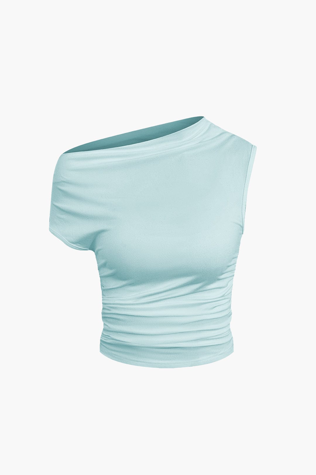 Women's two-piece set with one-shoulder top and draped mini skirt, asymmetric knot detail