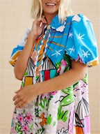 Women's midi dress tropical print, lapel neckline, adjustable waist tie, summer