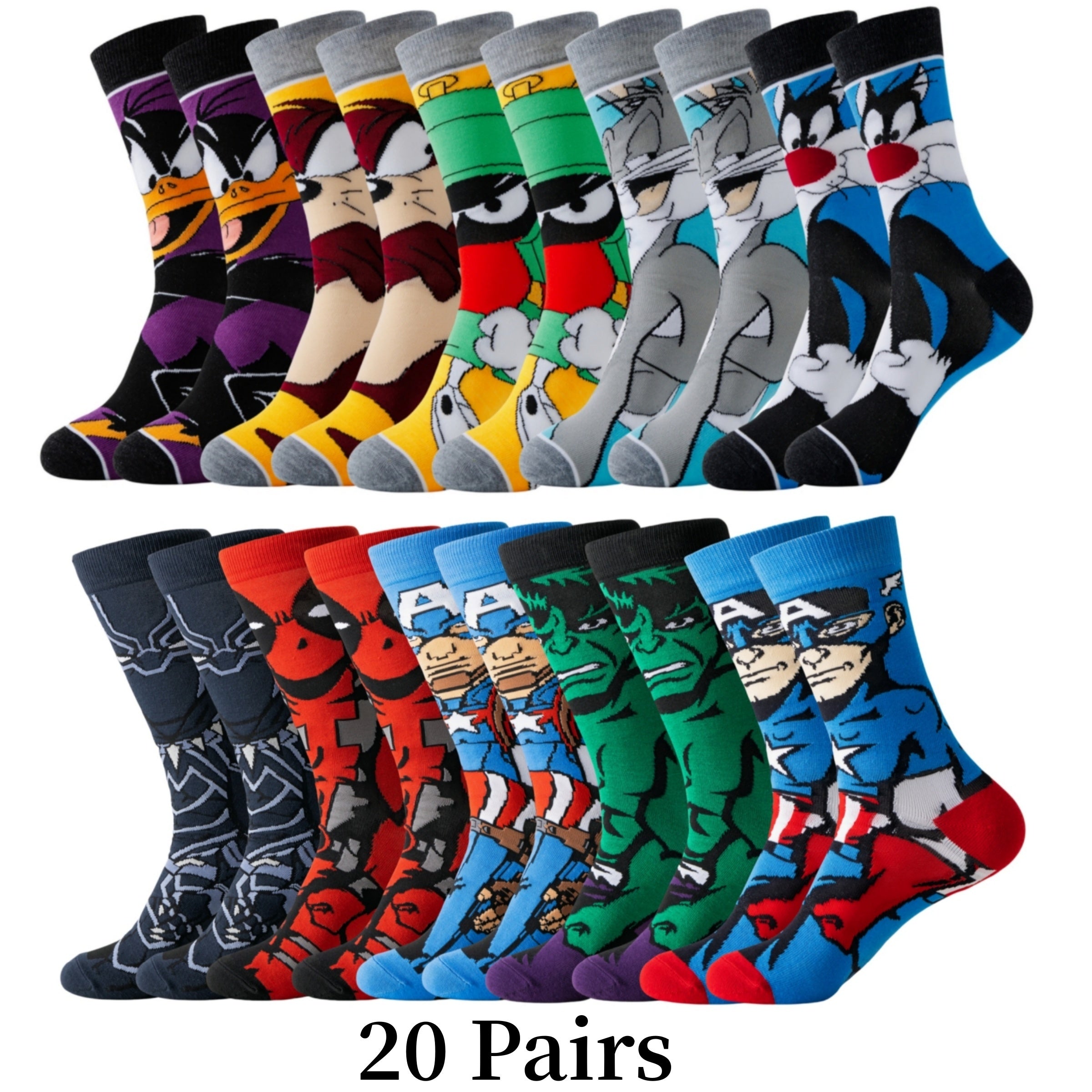 Cartoon socks set with superhero and animated character designs, ankle length