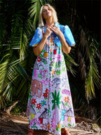Women's midi dress tropical print, lapel neckline, adjustable waist tie, summer