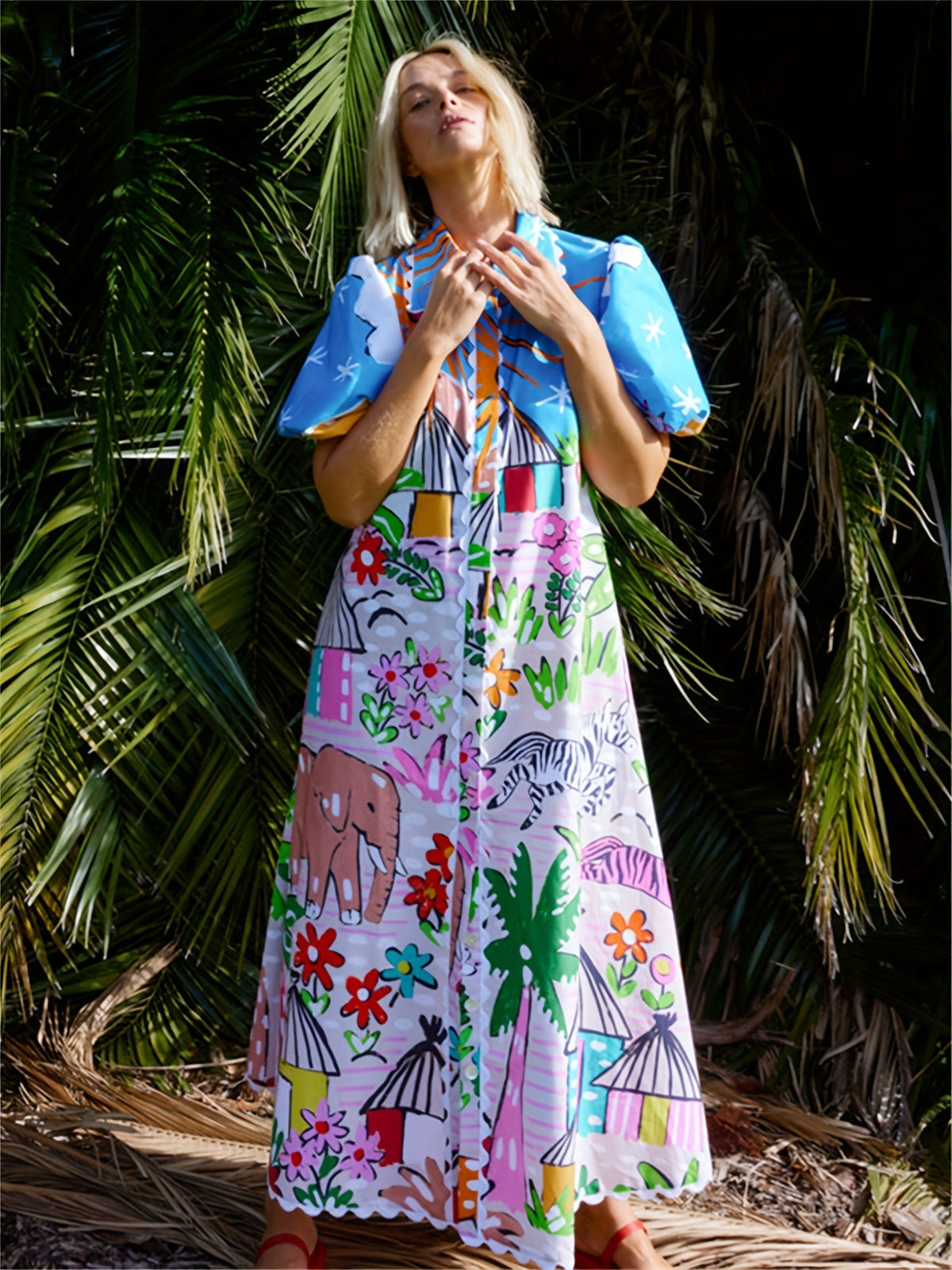 Women's midi dress tropical print, lapel neckline, adjustable waist tie, summer