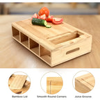 Bamboo cutting board with storage trays, interchangeable graters and juice groove meal prep station
