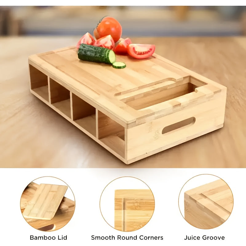 Bamboo cutting board with storage trays, interchangeable graters and juice groove meal prep station