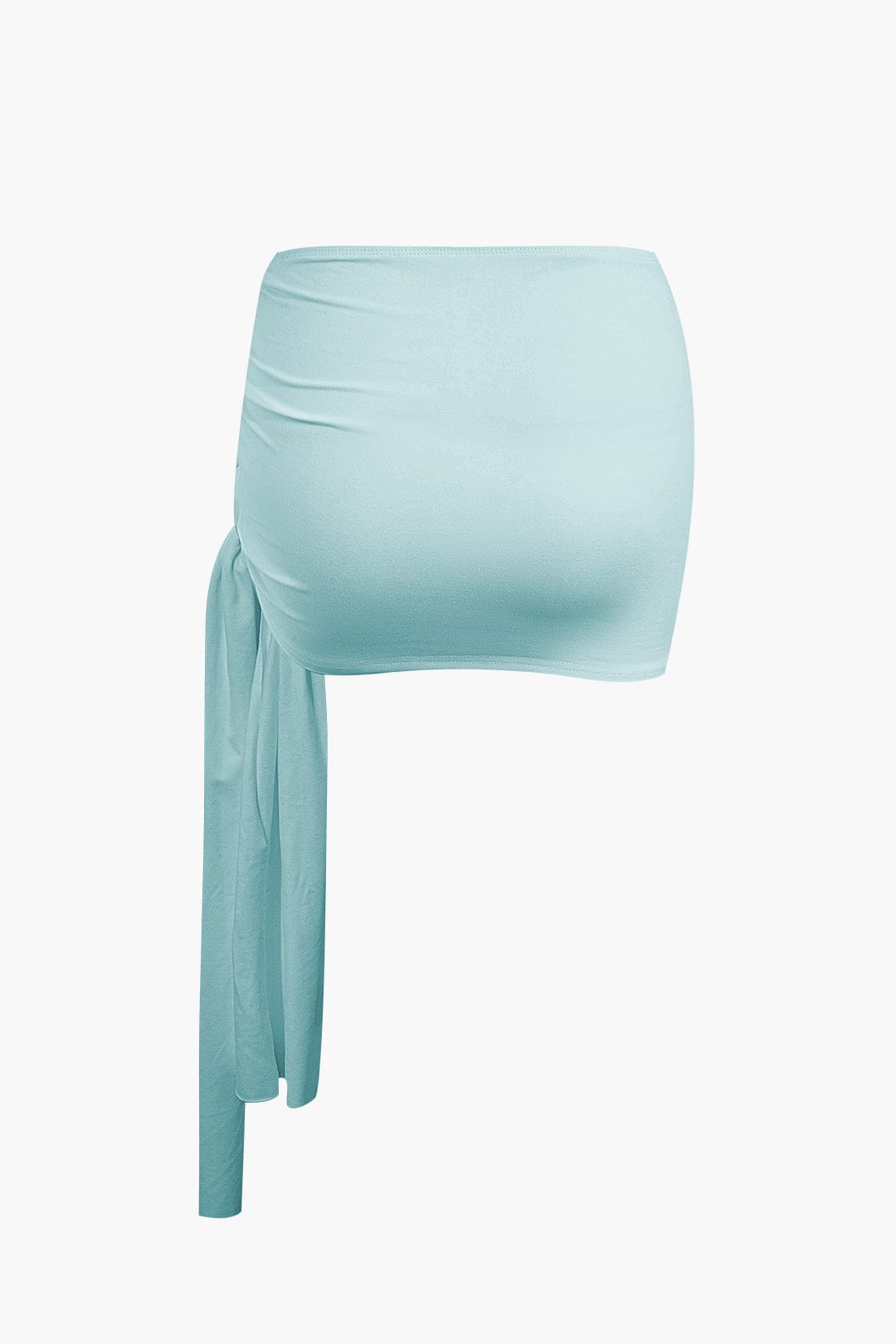 Women's two-piece set with one-shoulder top and draped mini skirt, asymmetric knot detail