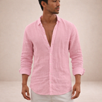 Men's linen shirt casual breathable long sleeve open collar