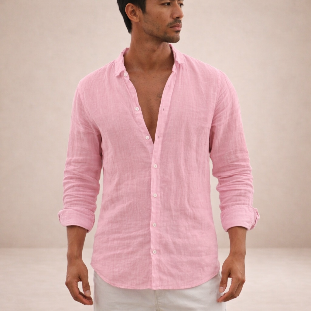 Men's linen shirt casual breathable long sleeve open collar
