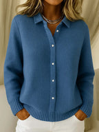 Women's knit cardigan with classic collar and button-up front, winter knitwear