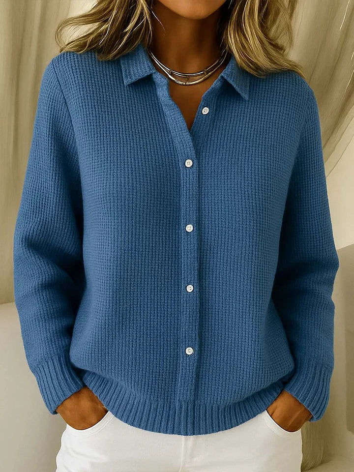 Women's knit cardigan with classic collar and button-up front, winter knitwear