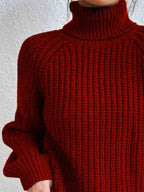 Women ribbed knit turtleneck sweater with side slit hem, autumn winter