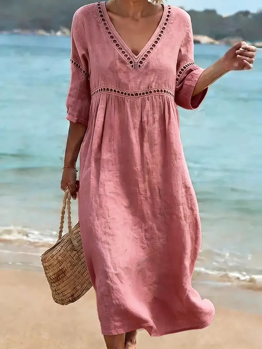 Women's soft-touch V-neck dress with side pockets, short sleeves, everyday casual wear