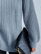 Women ribbed knit turtleneck sweater with side slit hem, autumn winter