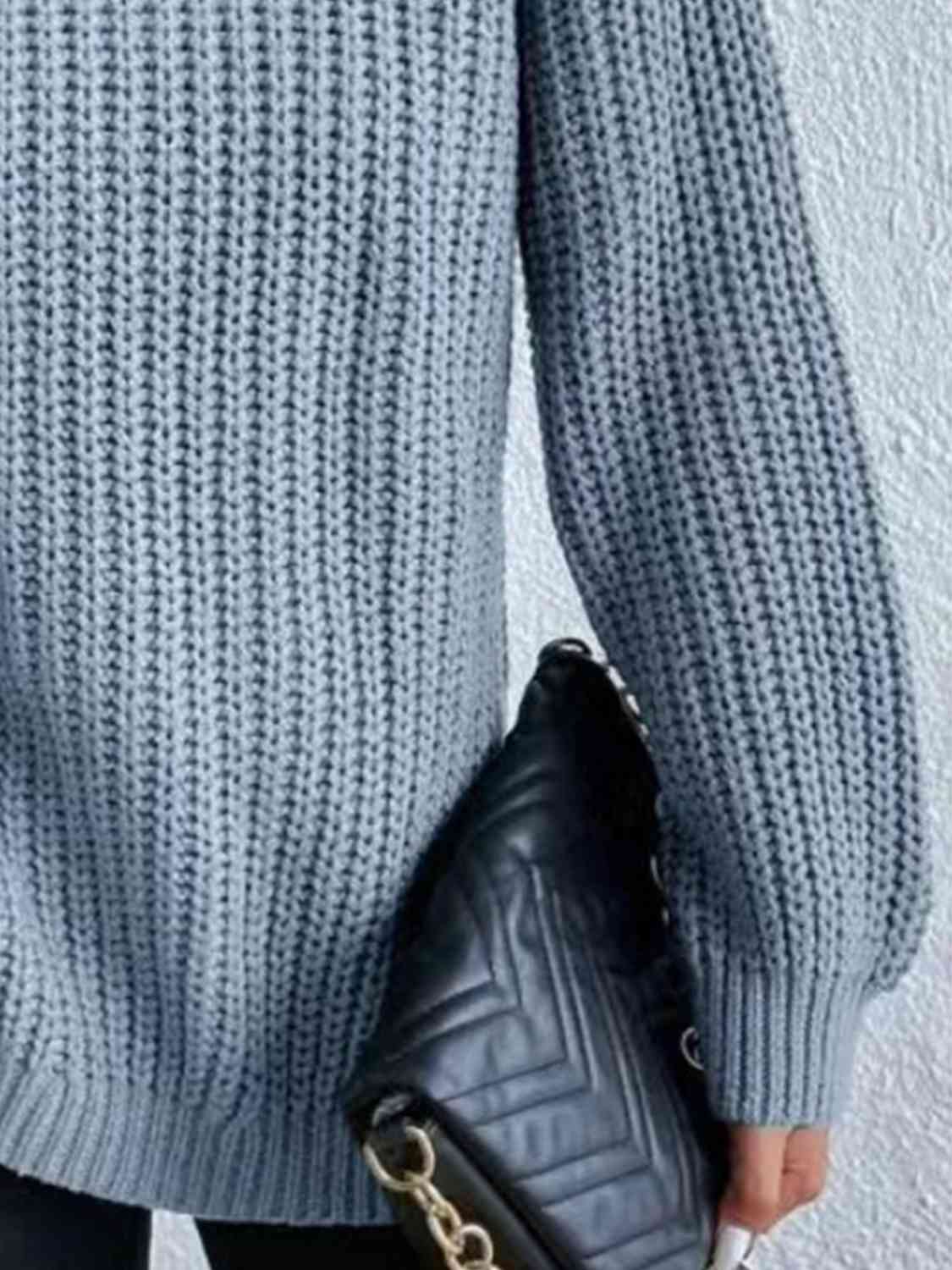 Women ribbed knit turtleneck sweater with side slit hem, autumn winter