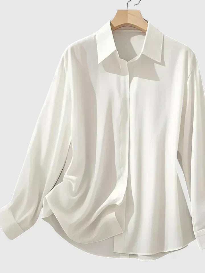 Women's satin button-up blouse, flowing silhouette, summer office style