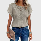 Women's openwork blouse short sleeve round neck loose fit, decorative perforated knit