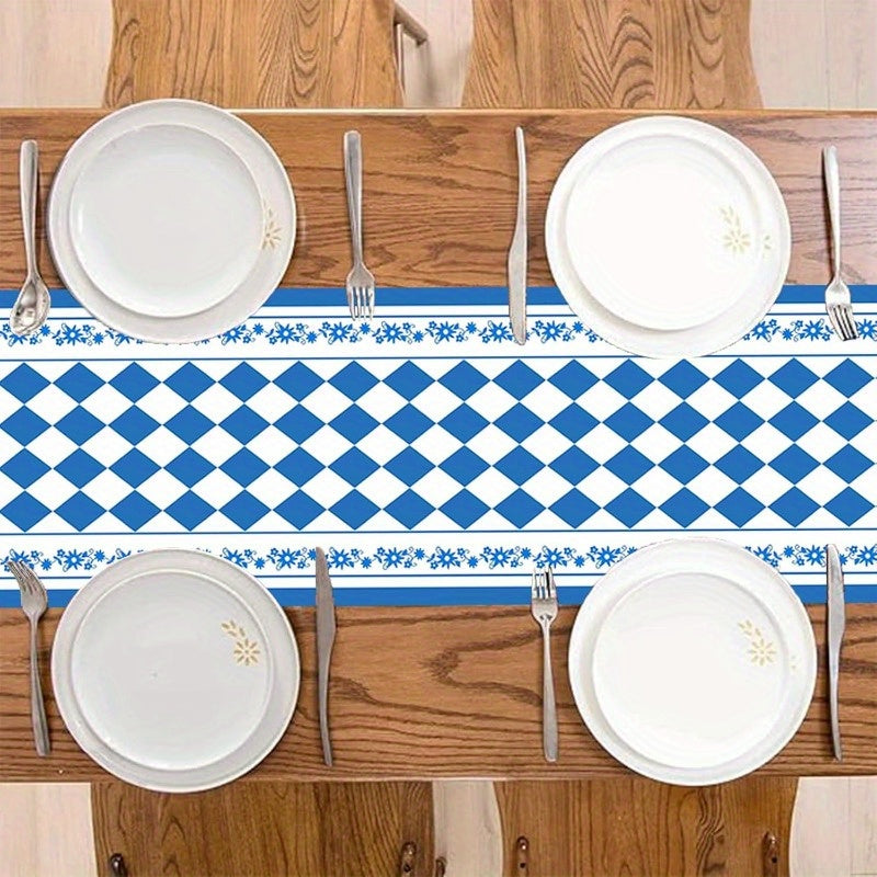 Oktoberfest table runner blue white diamond pattern with beer stein motifs, 33x183 cm