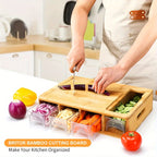 Bamboo cutting board with storage trays, interchangeable graters and juice groove meal prep station