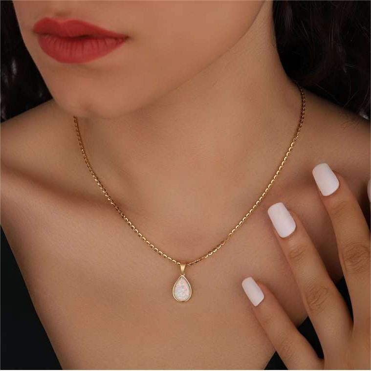 Opal drop pendant necklace 18K gold teardrop natural opal minimalist