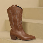 Women knee high cowboy boots embroidered wide calf western style