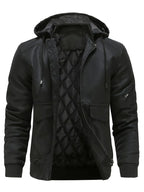 Men quilted hooded bomber jacket in brown and black with ribbed cuffs