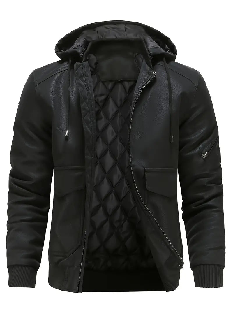 Men quilted hooded bomber jacket in brown and black with ribbed cuffs