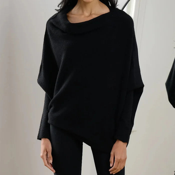 Women asymmetric draped pullover sweater with swing collar in multiple colours