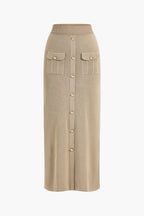 Women 2 piece knit blazer skirt set ribbed with gold button detail