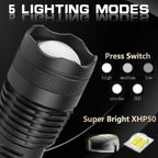 High-power XHP50 flashlight 90000 lumens, zoomable, USB rechargeable, waterproof