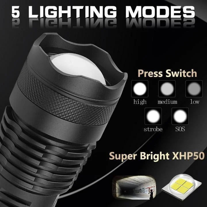 High-power XHP50 flashlight 90000 lumens, zoomable, USB rechargeable, waterproof