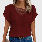 Women's openwork blouse short sleeve round neck loose fit, decorative perforated knit
