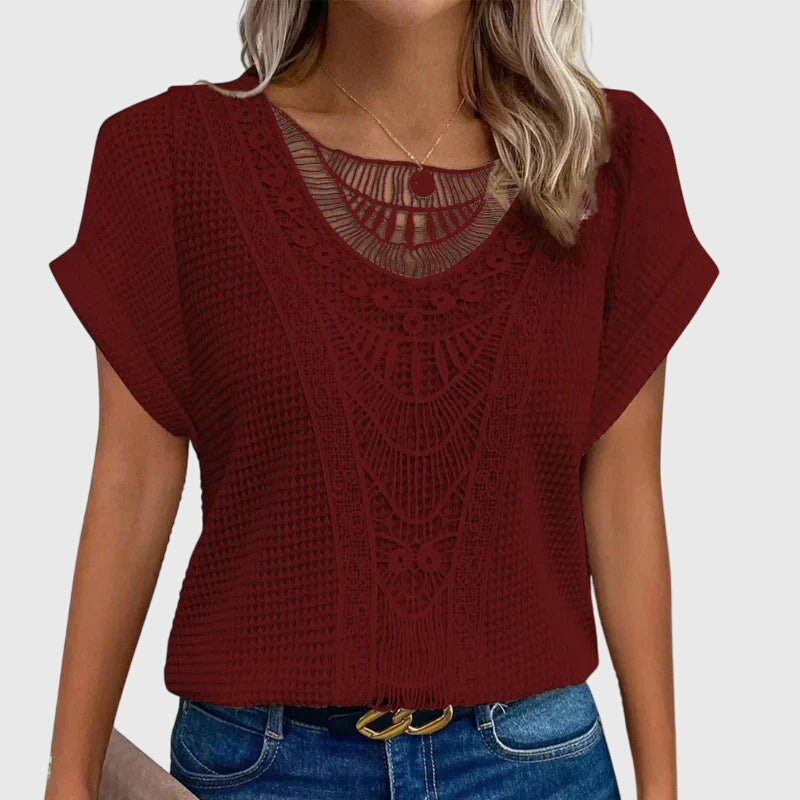 Women's openwork blouse short sleeve round neck loose fit, decorative perforated knit