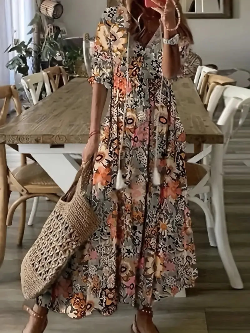 Boho Dress Women Ikat Print Ruffled V Neck Flowy Fit Lightweight