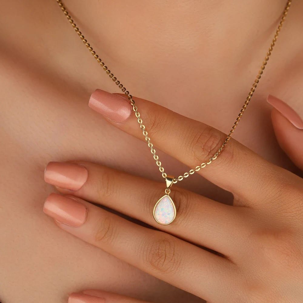 Opal drop pendant necklace 18K gold teardrop natural opal minimalist