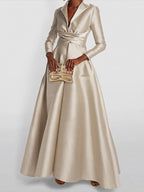 Women's A-line high waist V-neck long sleeve pleated maxi dress in multiple colours