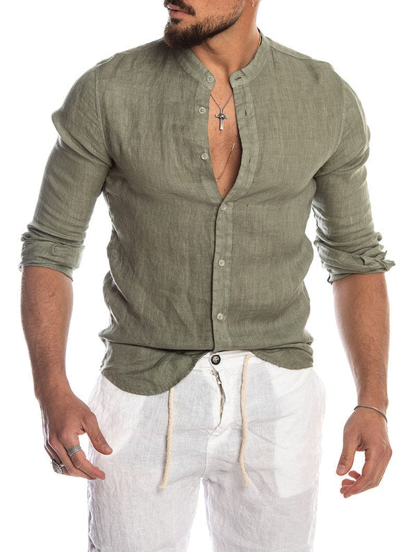 Men's green button-up shirt with classic collar, casual summer regular fit