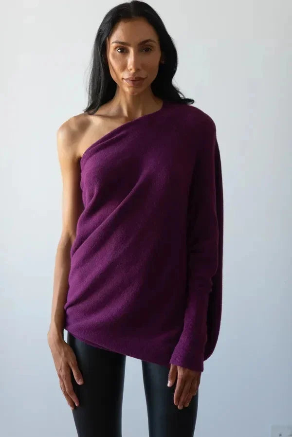 Women asymmetric draped pullover sweater with swing collar in multiple colours