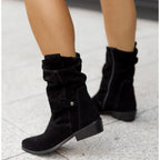 Women suede ankle boots low block heel slouch cuff side zip