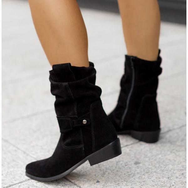Women suede ankle boots low block heel slouch cuff side zip