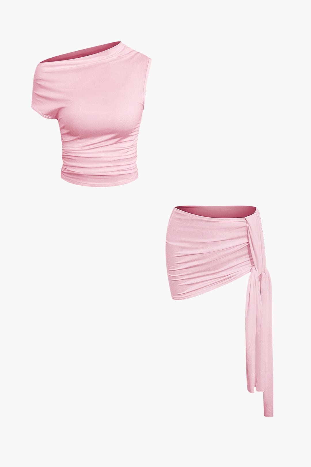 Women's two-piece set with one-shoulder top and draped mini skirt, asymmetric knot detail