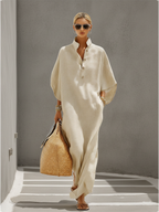 Linen Dress Women Maxi Oatmeal Relaxed Fit Mandarin Collar Casual