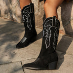 Women embroidered western cowboy boots wide calf block heel