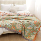 Bohemian cotton throw blanket with tassel fringe and floral jacquard pattern, cream white, 200x230cm