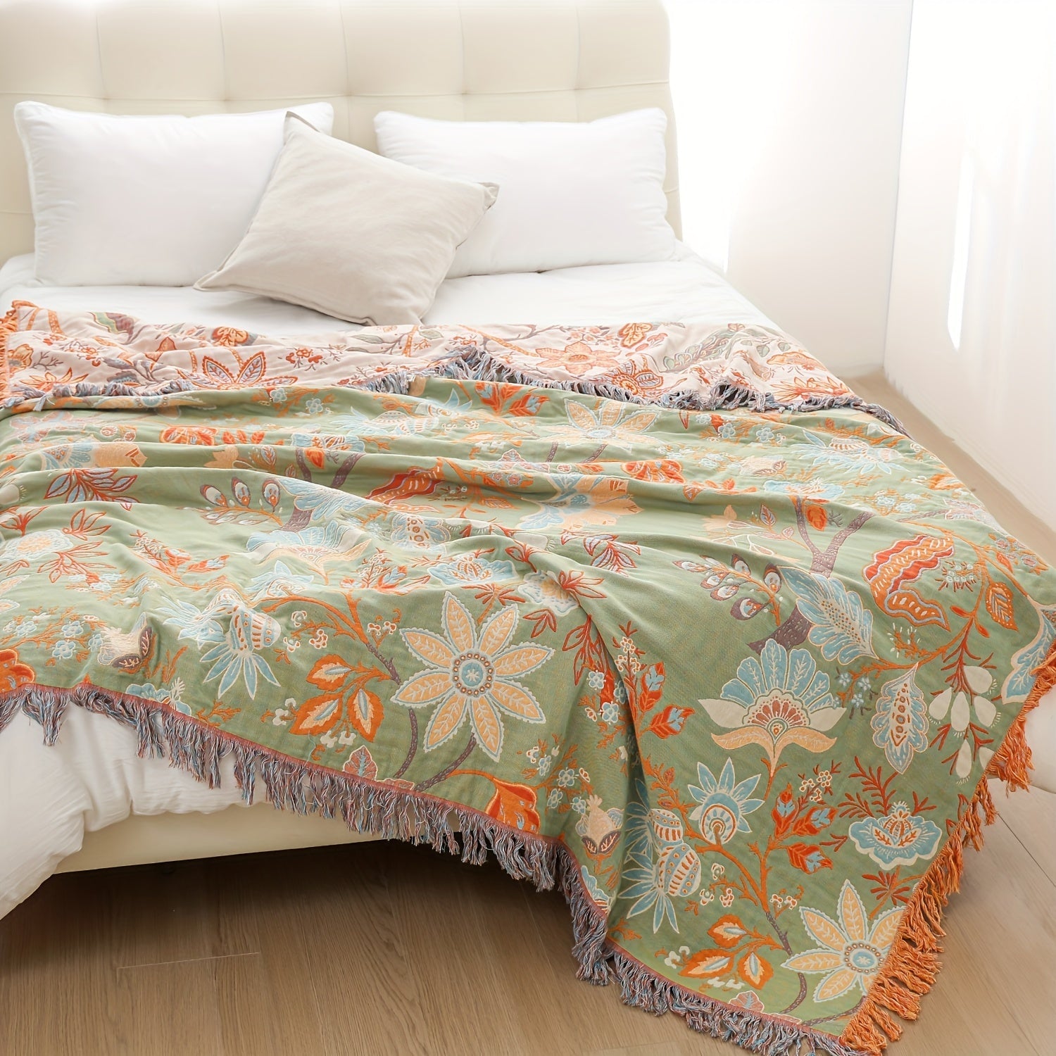 Bohemian cotton throw blanket with tassel fringe and floral jacquard pattern, cream white, 200x230cm